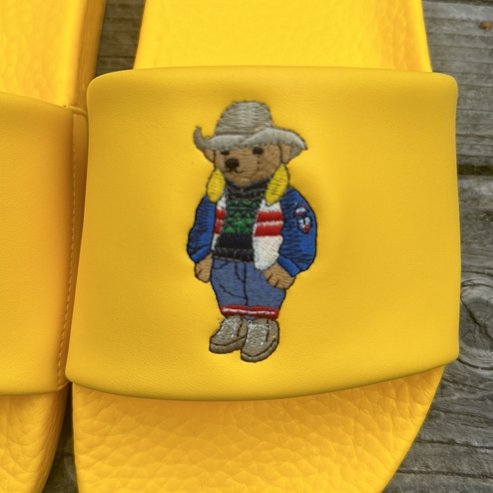 🆕Polo Ralph Lauren Bear with cowboy hat 🤠 Slides Yellow size 9 NWOT - Picture 2 of 3